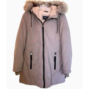 DKNY L Sherpa Lined Coat Jacket Hoodie Removable Fur Parka Khaki Beige Neutral